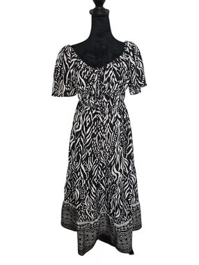 Indulge Bohemian Brown & White Abstract Print Flowy Midi Dress Size M